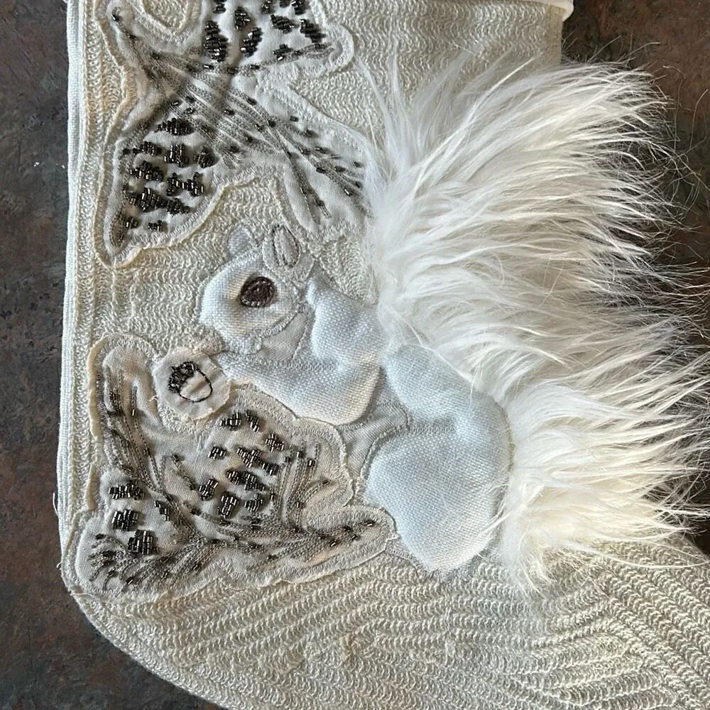 Pottery barn Woodland White Squirrel Christmas Stocking Sequins Faux Fur